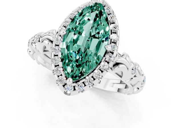 Platinum Marquise Cut Green Sapphire Halo Ring with Filigree Band and Prong Setting