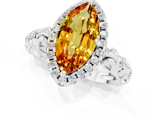 White gold Marquise Cut Citrine Halo Ring with Filigree Band and Prong Setting