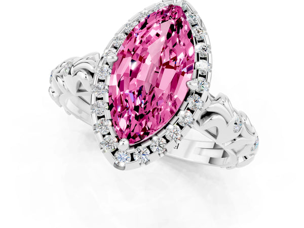 Platinum Marquise Cut Pink Sapphire Halo Ring with Filigree Band and Prong Setting