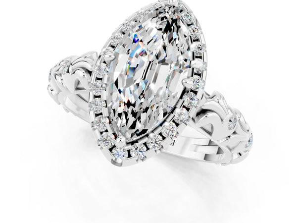 Platinum Marquise Cut Moissanite Halo Ring with Filigree Band and Prong Setting