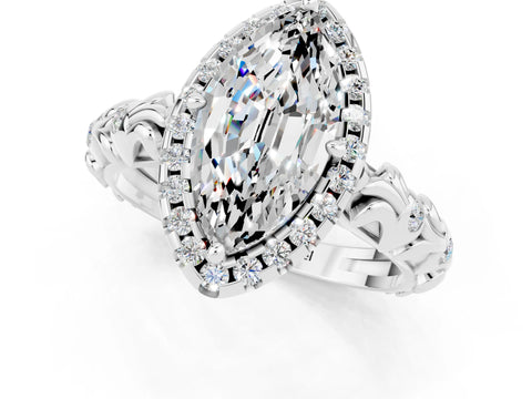 White gold Marquise Cut Halo Diamond Solitaire with Filigree Band and Four-Prong Setting_1