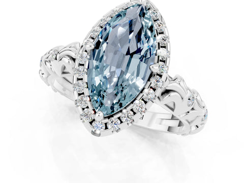 White gold Marquise Cut Halo Diamond Solitaire with Filigree Band and Four-Prong Setting_1