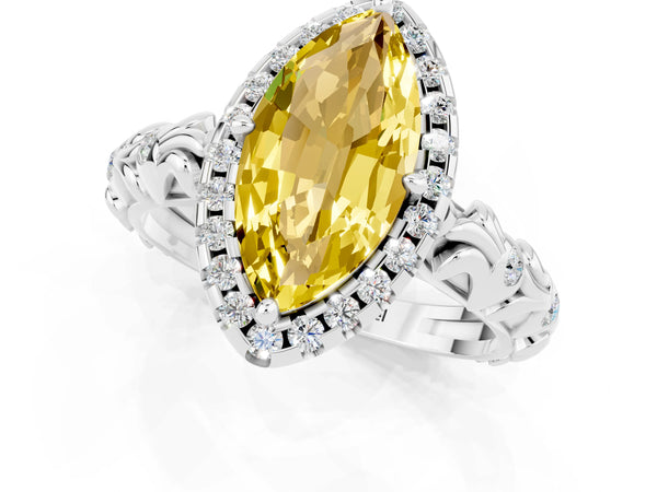 White gold Marquise Cut Yellow Sapphire Halo Ring with Filigree Band and Prong Setting