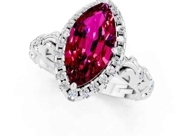 Silver Marquise Cut Garnet Halo Ring with Filigree Band and Prong Setting