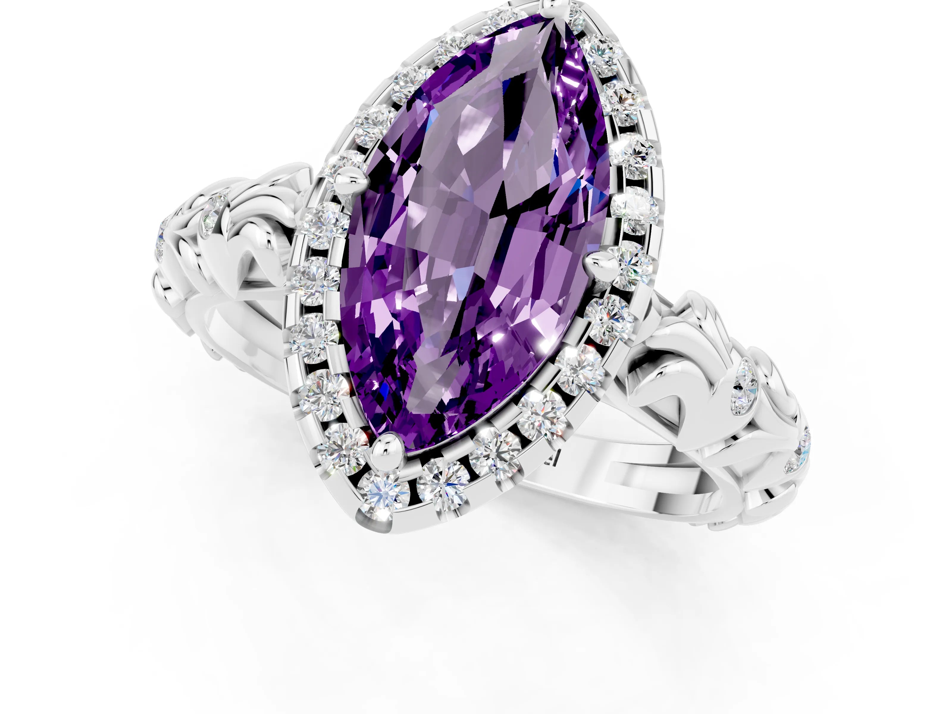 White gold Marquise Cut Halo Diamond Solitaire with Filigree Band and Four-Prong Setting_1