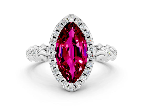 Platinum Marquise Cut Garnet Halo Ring with Filigree Band and Prong Setting