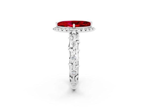 Platinum Marquise Cut Ruby Halo Ring with Filigree Band and Prong Setting