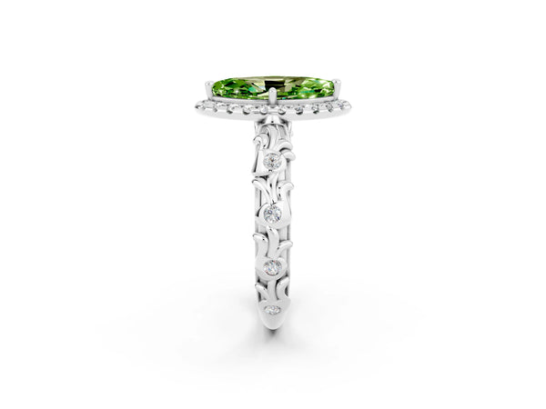 Silver Marquise Cut Peridot Halo Ring with Filigree Band and Prong Setting