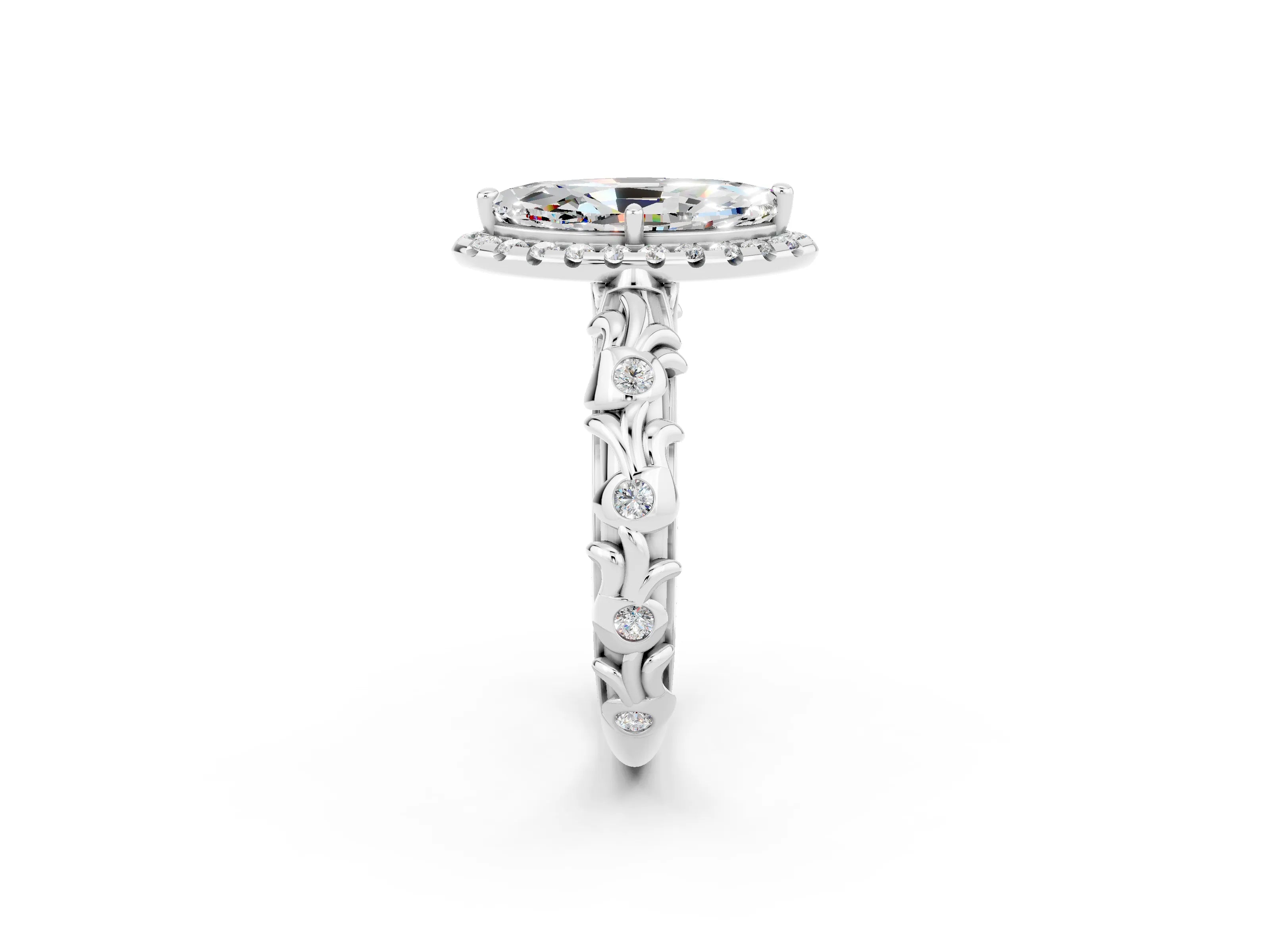 White gold Marquise Cut Halo Diamond Solitaire with Filigree Band and Four-Prong Setting_2