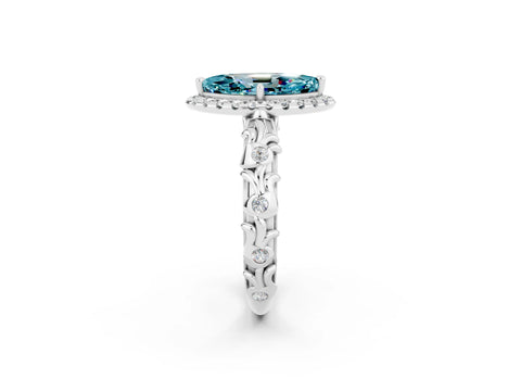 White gold Marquise Cut Halo Diamond Solitaire with Filigree Band and Four-Prong Setting_2