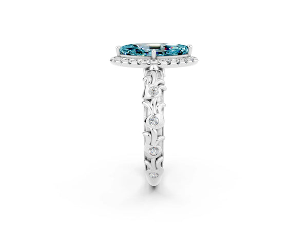 Platinum Marquise Cut Halo Diamond Solitaire with Filigree Band and Four-Prong Setting