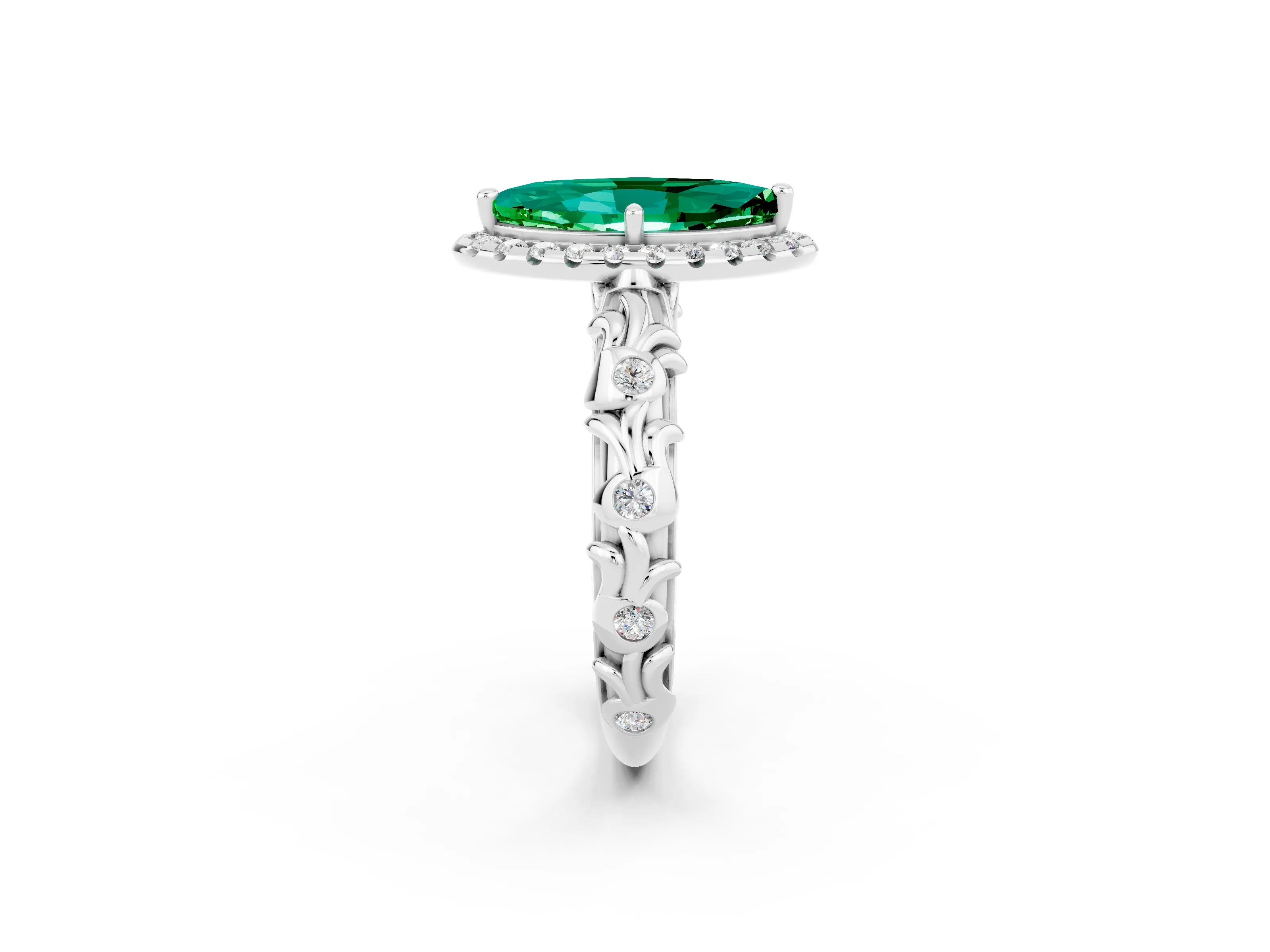 White gold Marquise Cut Halo Diamond Solitaire with Filigree Band and Four-Prong Setting_2