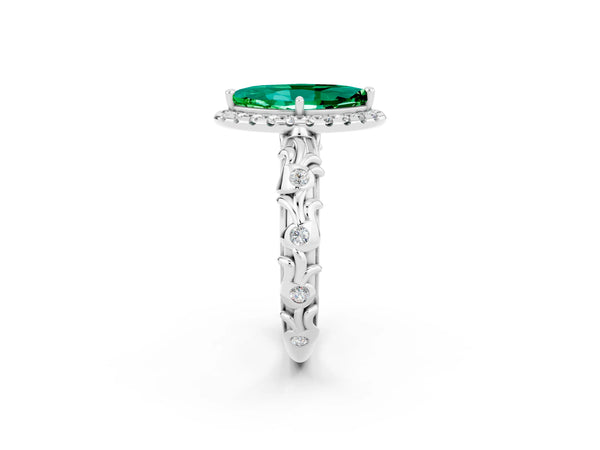 White gold Marquise Cut Emerald Halo Ring with Filigree Band and Prong Setting