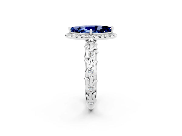 White gold Marquise Cut Blue Sapphire Halo Ring with Filigree Band and Prong Setting