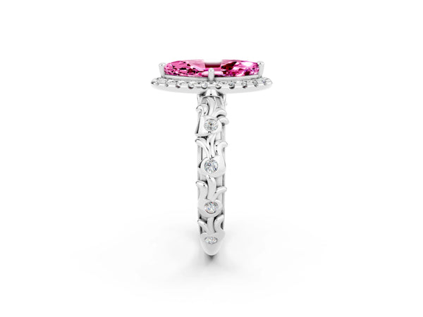 Platinum Marquise Cut Pink Sapphire Halo Ring with Filigree Band and Prong Setting