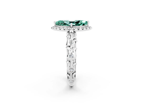 White gold Marquise Cut Green Sapphire Halo Ring with Filigree Band and Prong Setting