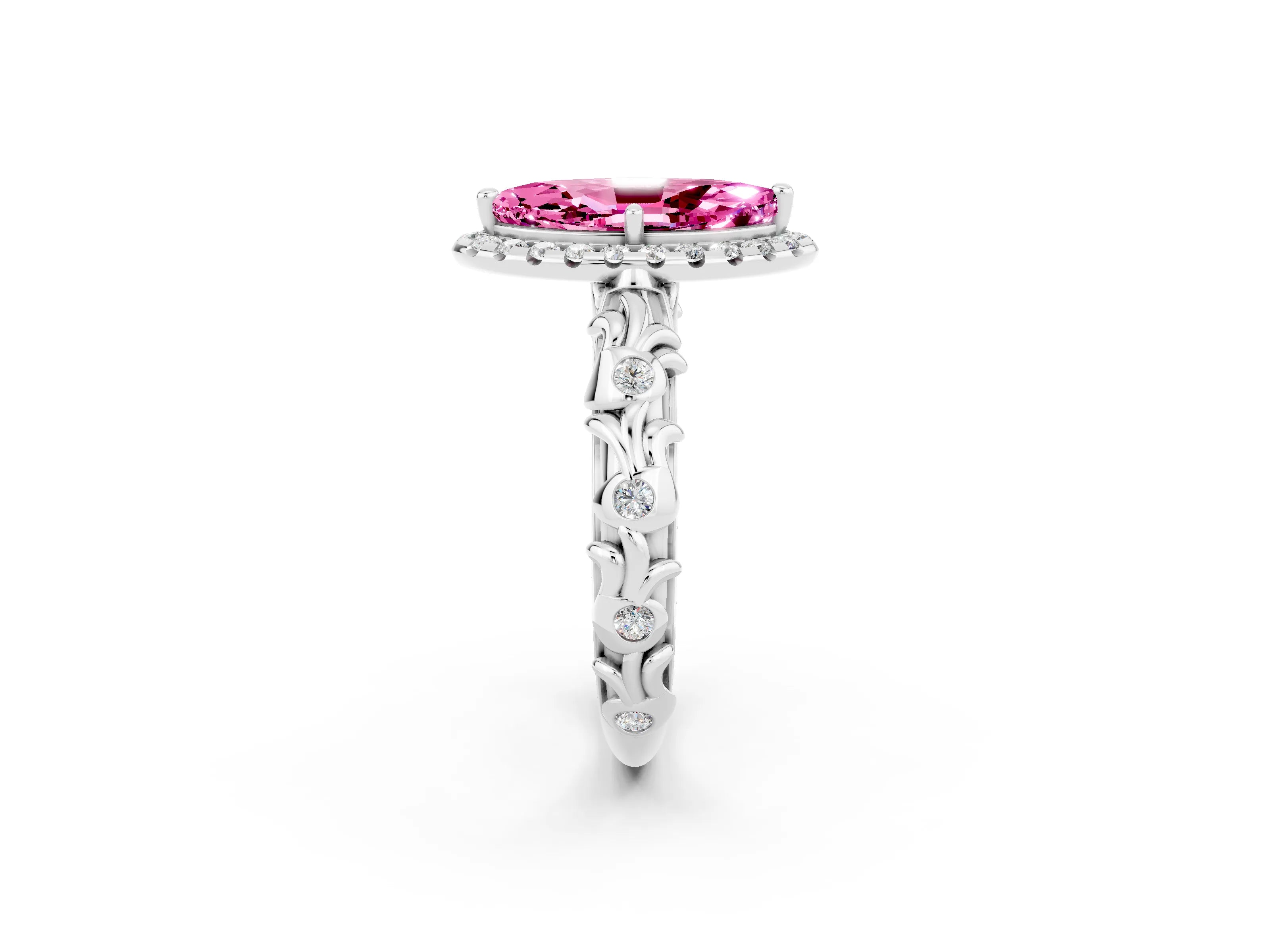 White gold Marquise Cut Halo Diamond Solitaire with Filigree Band and Four-Prong Setting_2