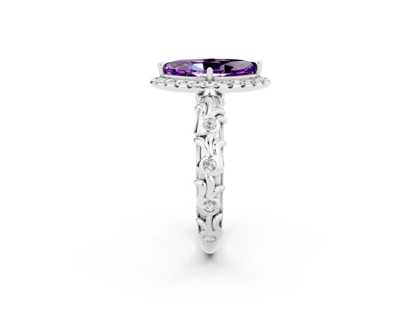 Platinum Marquise Cut Amethyst Halo Ring with Filigree Band and Prong Setting