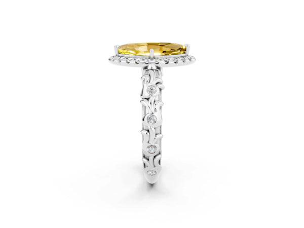 Silver Marquise Cut Yellow Sapphire Halo Ring with Filigree Band and Prong Setting