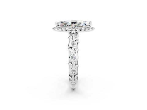 White gold Marquise Cut Halo Diamond Solitaire with Filigree Band and Four-Prong Setting_2