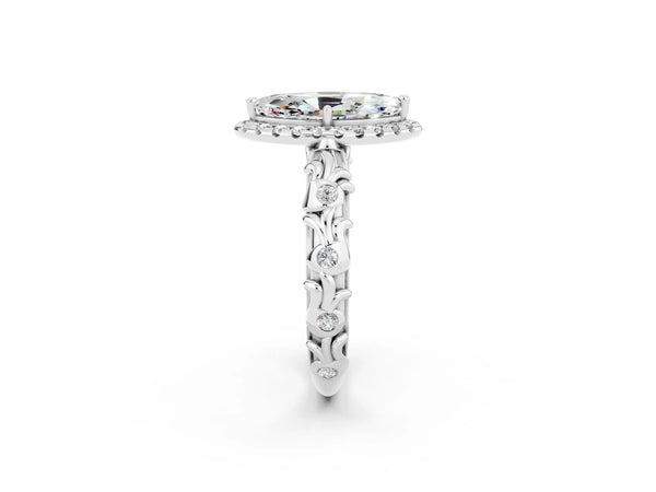 Platinum Marquise Cut Moissanite Halo Ring with Filigree Band and Prong Setting