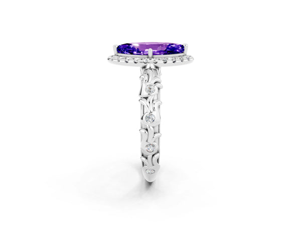 Silver Marquise Cut Tanzanite Halo Ring with Filigree Band and Prong Setting