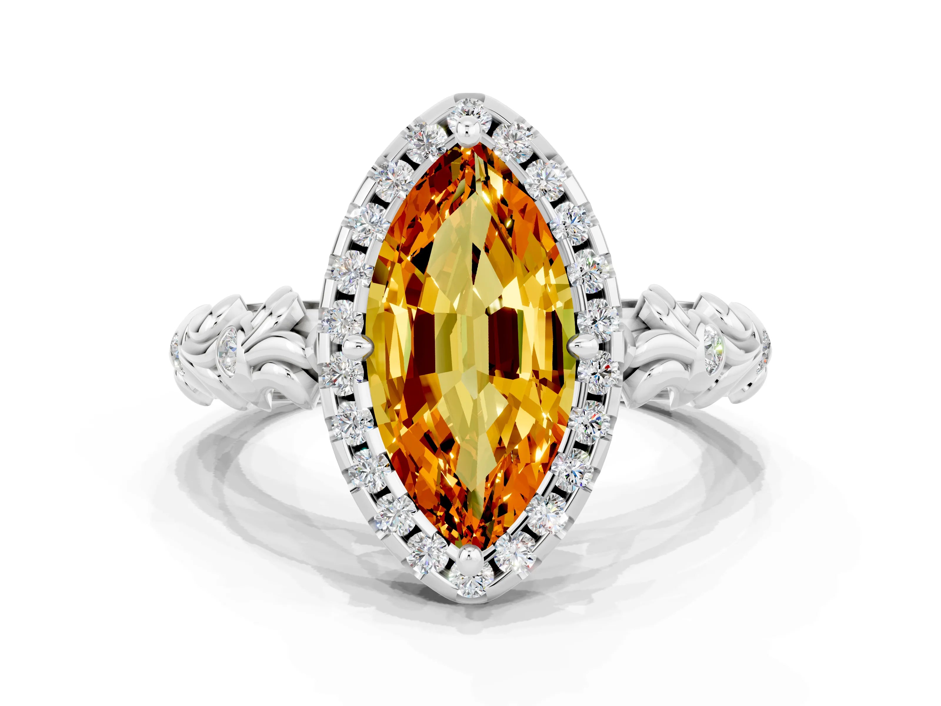White gold Marquise Cut Halo Diamond Solitaire with Filigree Band and Four-Prong Setting
