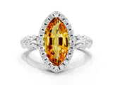 White gold Marquise Cut Halo Diamond Solitaire with Filigree Band and Four-Prong Setting