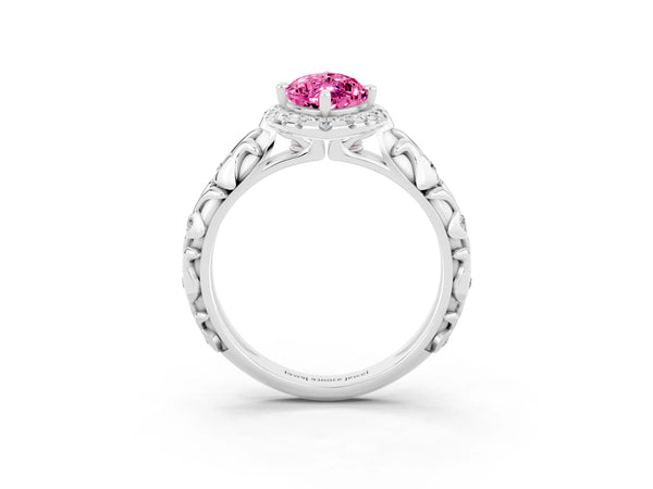 Platinum Marquise Cut Pink Sapphire Halo Ring with Filigree Band and Prong Setting