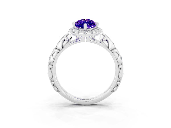 Platinum Marquise Cut Tanzanite Halo Ring with Filigree Band and Prong Setting