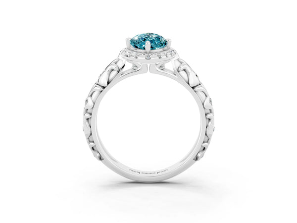Platinum Marquise Cut Halo Diamond Solitaire with Filigree Band and Four-Prong Setting