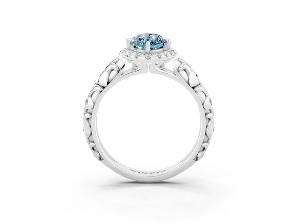 Platinum Marquise Cut Aquamarine Halo Ring with Filigree Band and Prong Setting