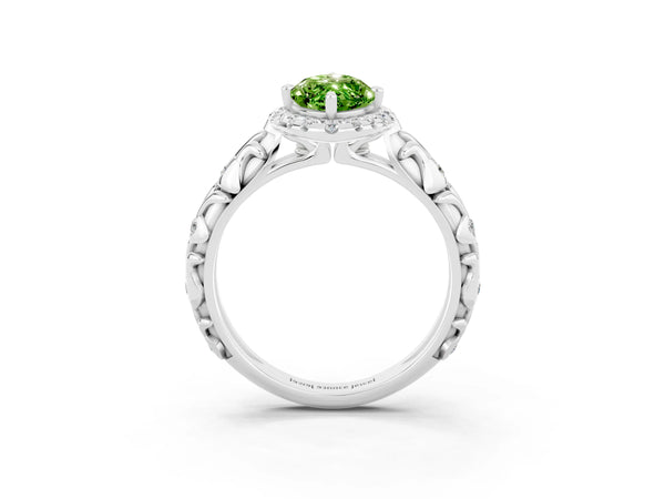 Platinum Marquise Cut Peridot Halo Ring with Filigree Band and Prong Setting