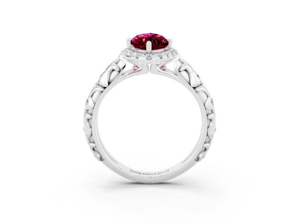 Platinum Marquise Cut Garnet Halo Ring with Filigree Band and Prong Setting