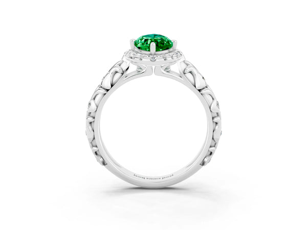 Silver Marquise Cut Emerald Halo Ring with Filigree Band and Prong Setting