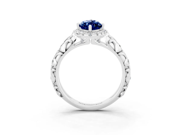 Silver Marquise Cut Blue Sapphire Halo Ring with Filigree Band and Prong Setting