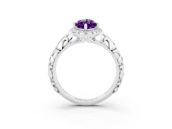 Platinum Marquise Cut Amethyst Halo Ring with Filigree Band and Prong Setting