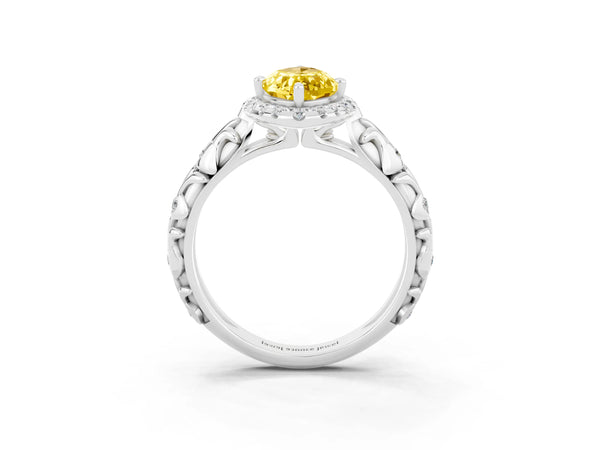 Silver Marquise Cut Yellow Sapphire Halo Ring with Filigree Band and Prong Setting