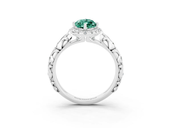 Platinum Marquise Cut Green Sapphire Halo Ring with Filigree Band and Prong Setting