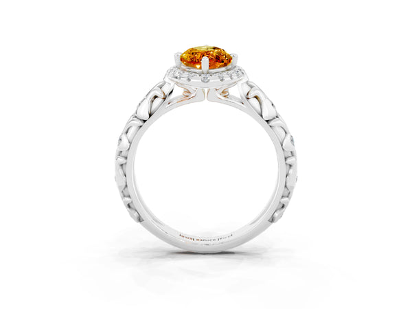 Platinum Marquise Cut Citrine Halo Ring with Filigree Band and Prong Setting