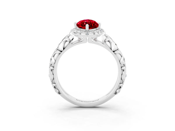 Silver Marquise Cut Ruby Halo Ring with Filigree Band and Prong Setting