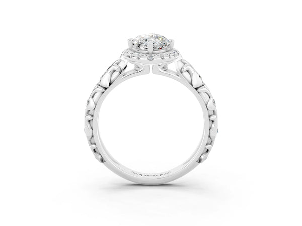 Platinum Marquise Cut Moissanite Halo Ring with Filigree Band and Prong Setting