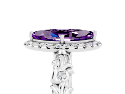 White gold Marquise Cut Halo Diamond Solitaire with Filigree Band and Four-Prong Setting_5