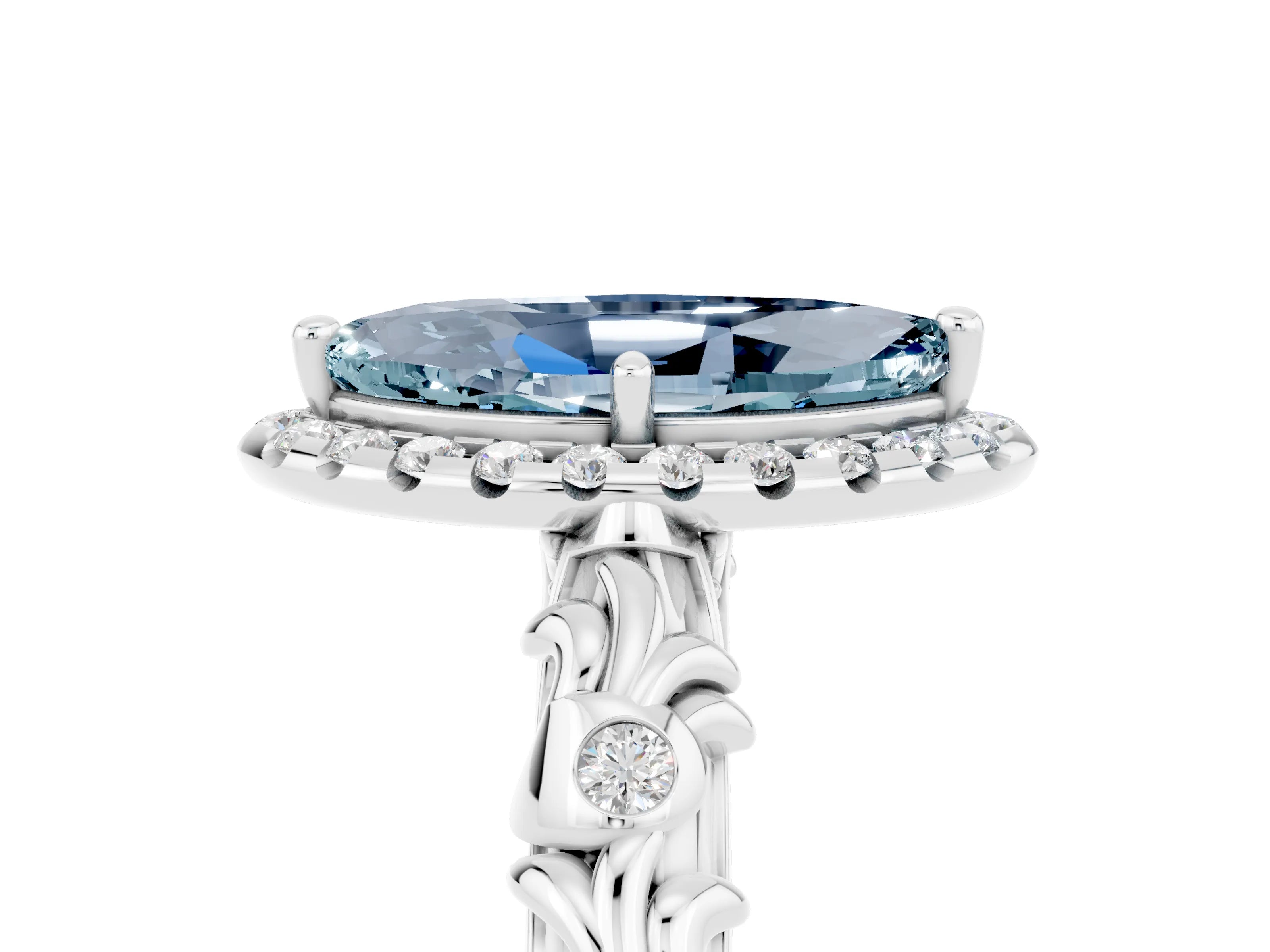White gold Marquise Cut Halo Diamond Solitaire with Filigree Band and Four-Prong Setting_5