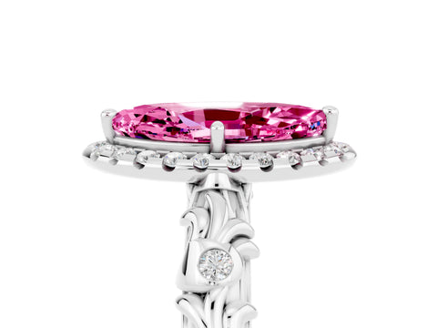 White gold Marquise Cut Halo Diamond Solitaire with Filigree Band and Four-Prong Setting_5
