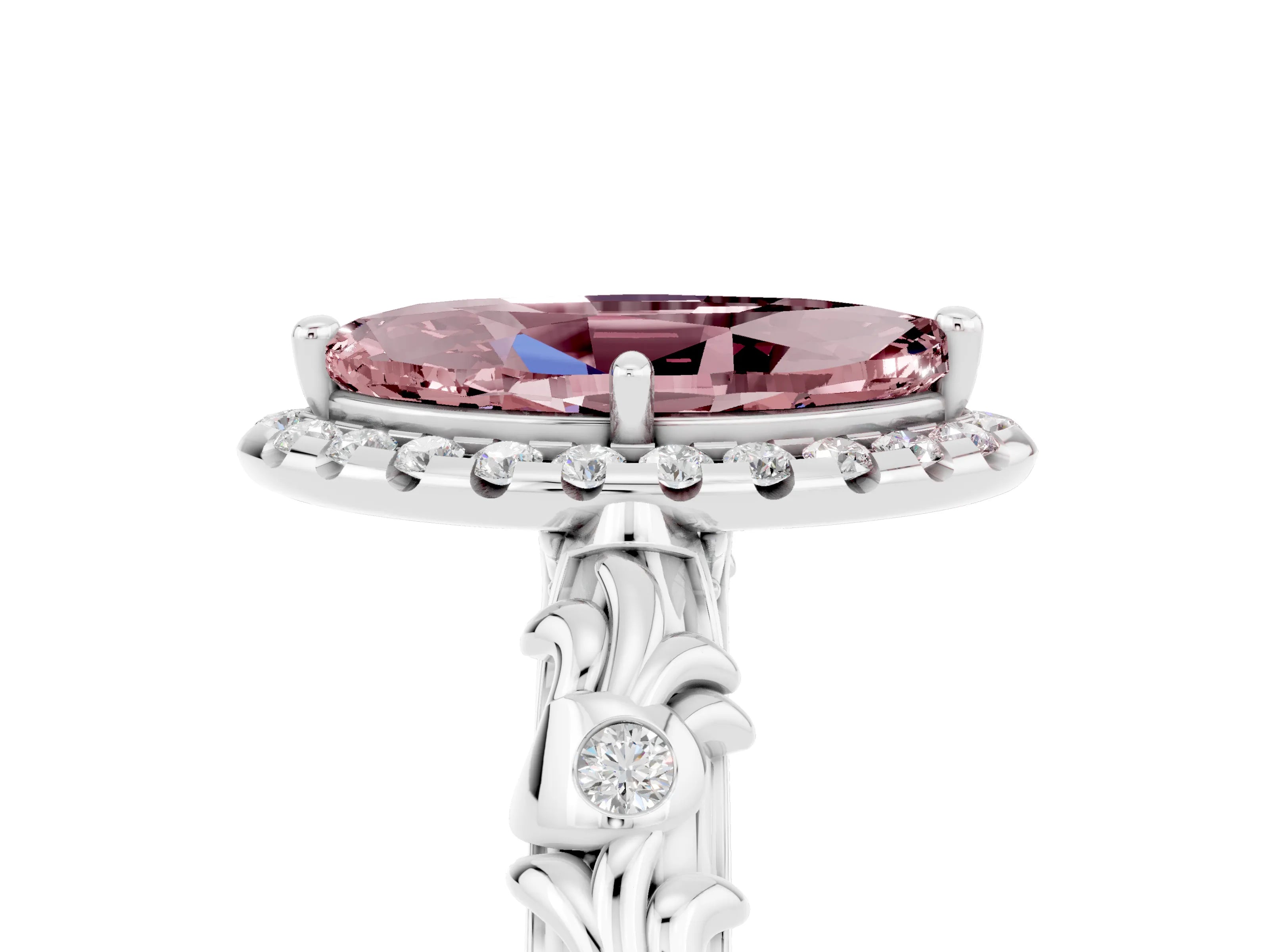 White gold Marquise Cut Halo Diamond Solitaire with Filigree Band and Four-Prong Setting_5