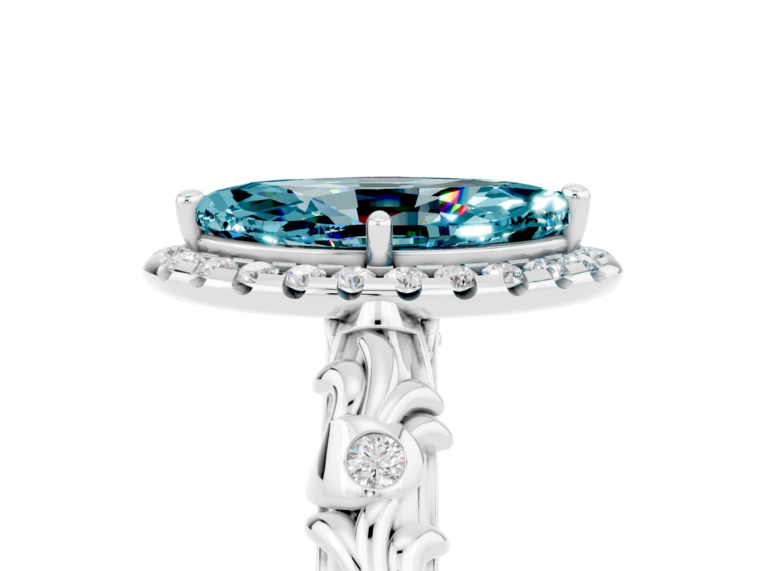 White gold Marquise Cut Halo Diamond Solitaire with Filigree Band and Four-Prong Setting_5
