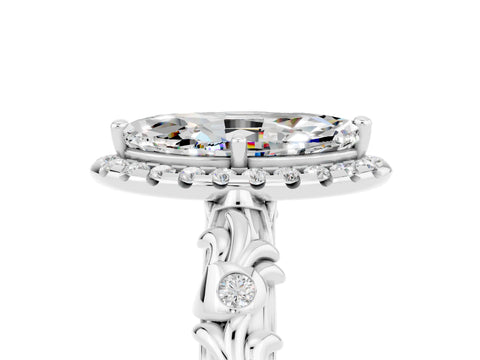 White gold Marquise Cut Halo Diamond Solitaire with Filigree Band and Four-Prong Setting_5