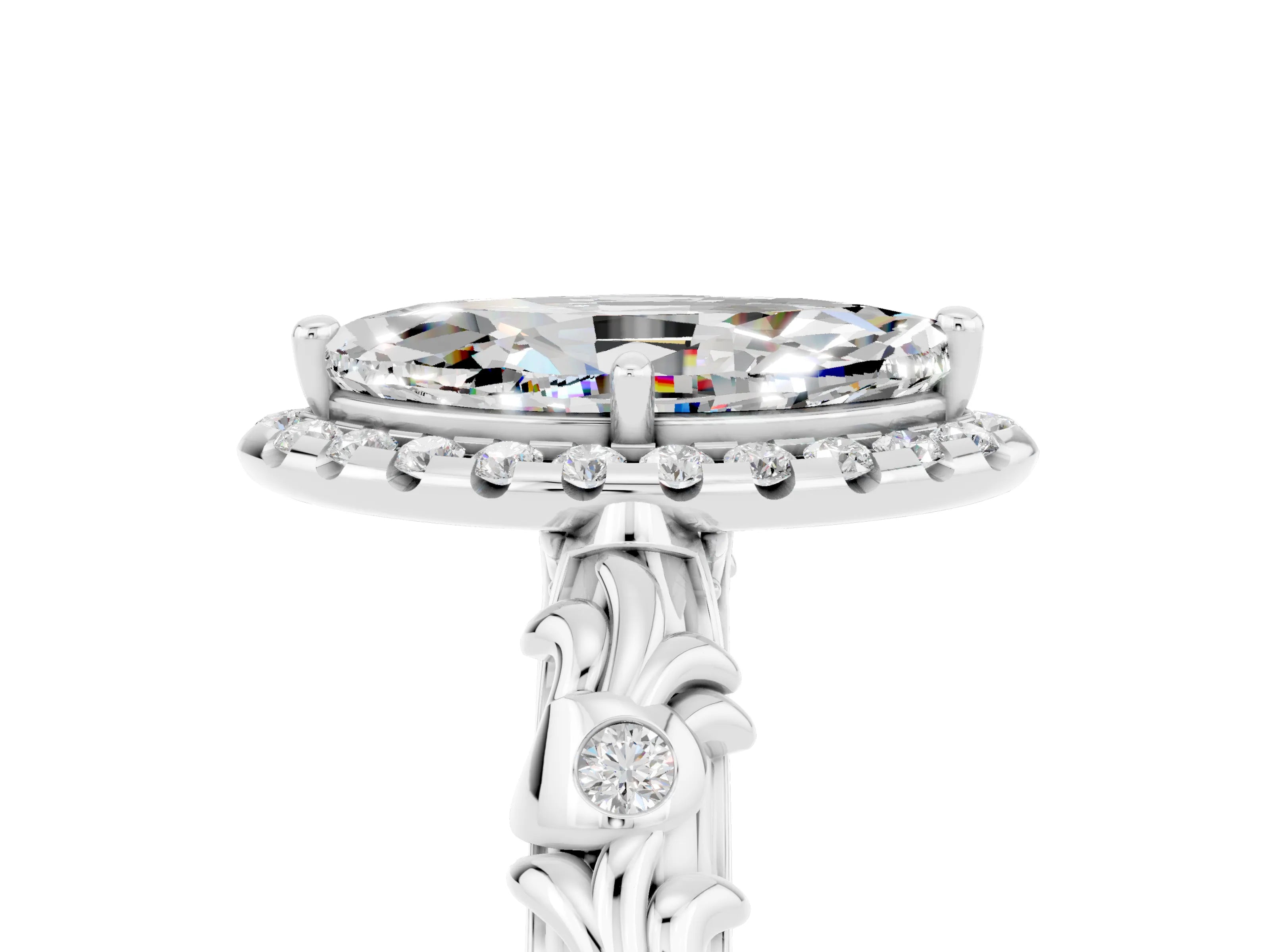 White gold Marquise Cut Halo Diamond Solitaire with Filigree Band and Four-Prong Setting_5