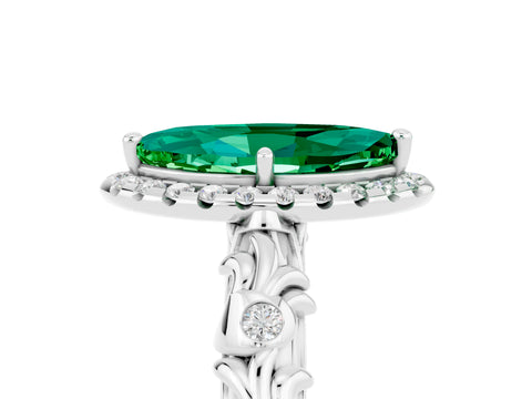 White gold Marquise Cut Halo Diamond Solitaire with Filigree Band and Four-Prong Setting_5